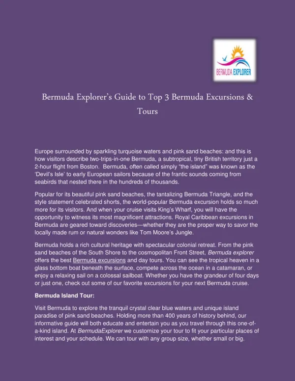 Bermuda Explorerâ€™s Guide to Top 3 Bermuda Excursions & Tours