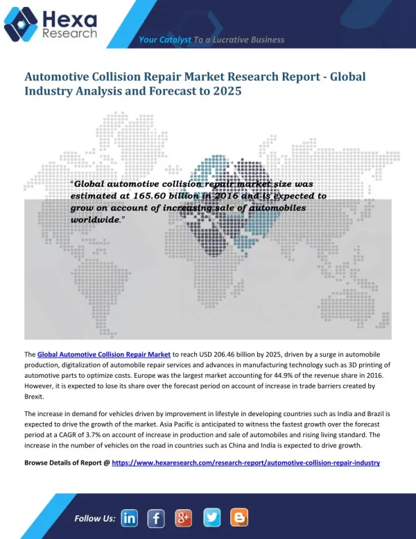 Automotive Collision Repair Market Research Report - Global Industry Analysis and Forecast to 2025