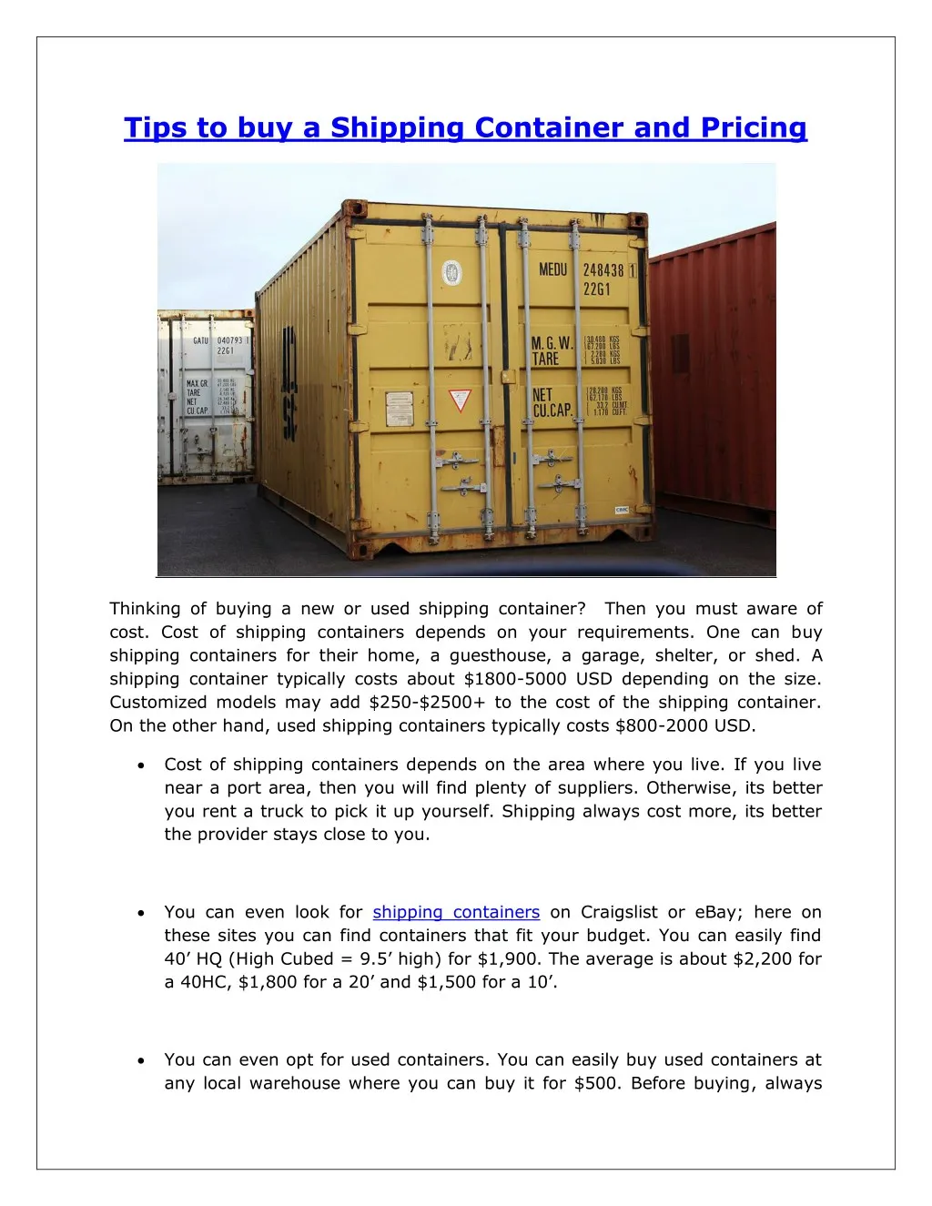 tips to buy a shipping container and pricing