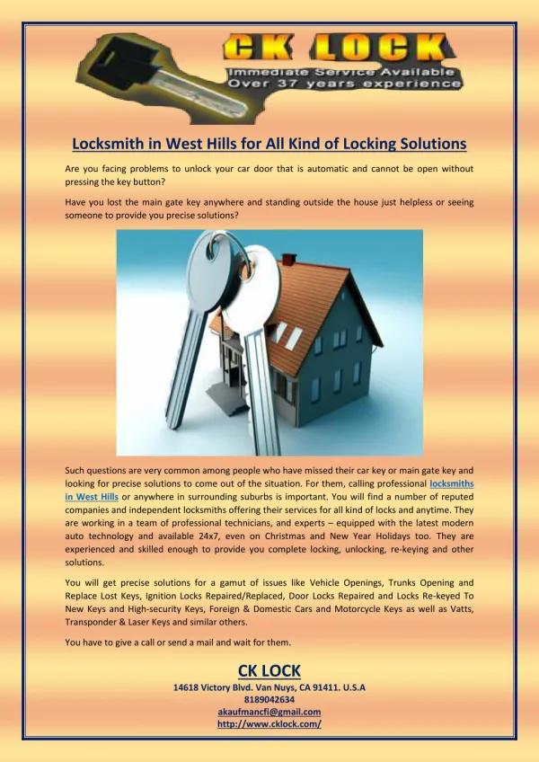 Locksmith in West Hills for All Kind of Locking Solutions