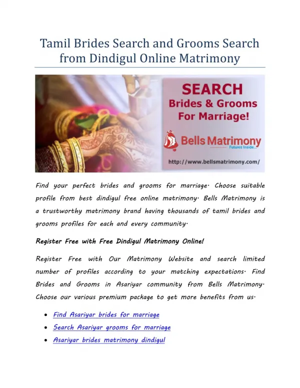 Tamil Brides Search and Grooms Search from Dindigul Online Matrimony
