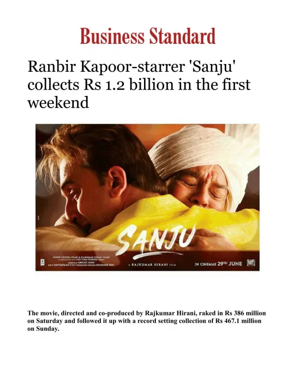 Ranbir Kapoor-starrer 'Sanju' collects Rs 1.2 billion in the first weekend 