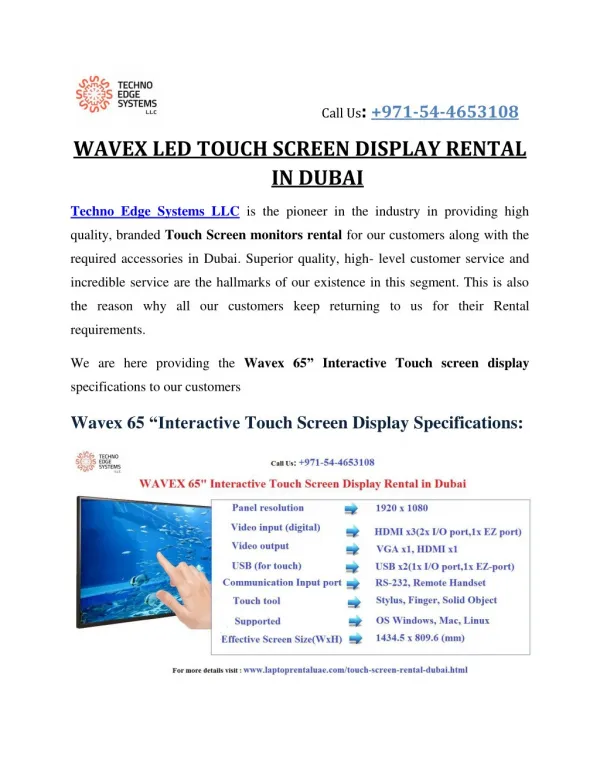 Wavex 65 inches Interactive Touch screen rental in Dubai