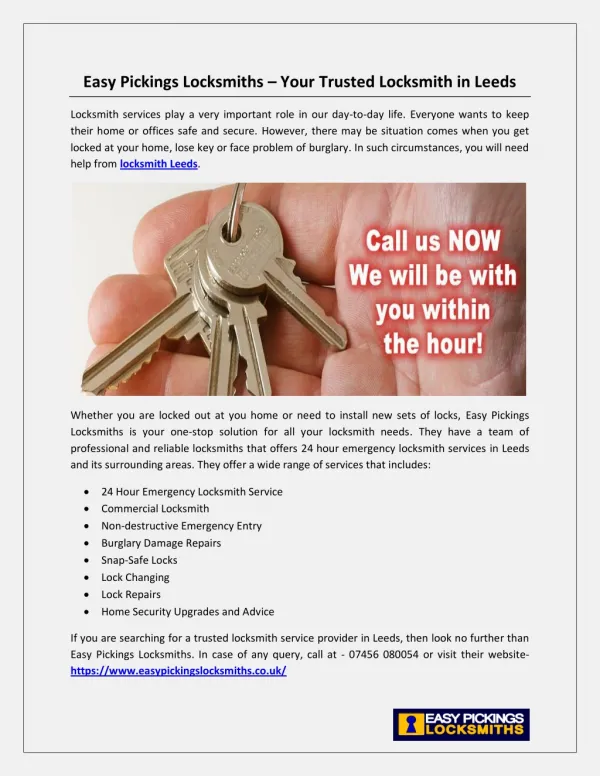 Easy Pickings Locksmiths – Your Trusted Locksmith in Leeds