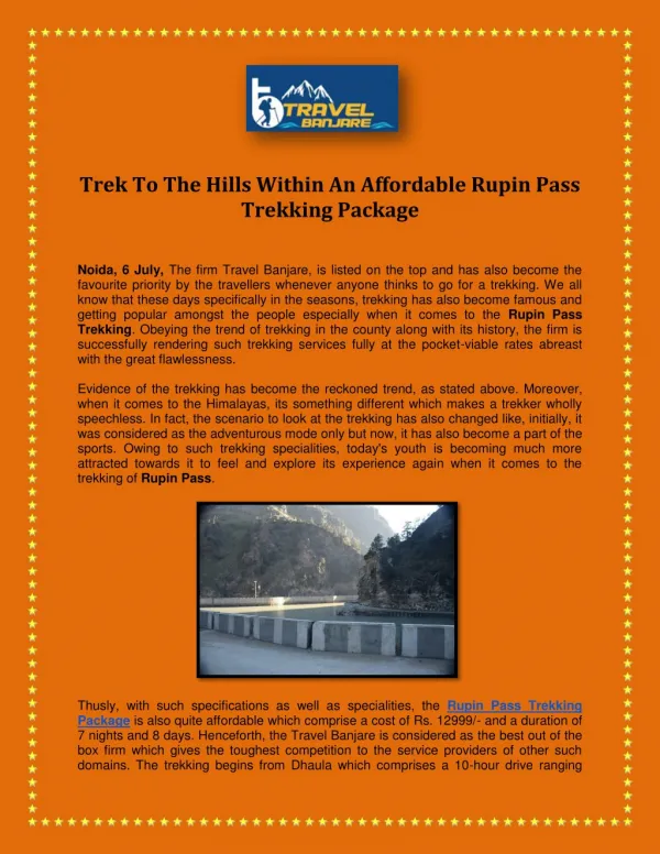 Trek To The Hills Within An Affordable Rupin Pass Trekking Package