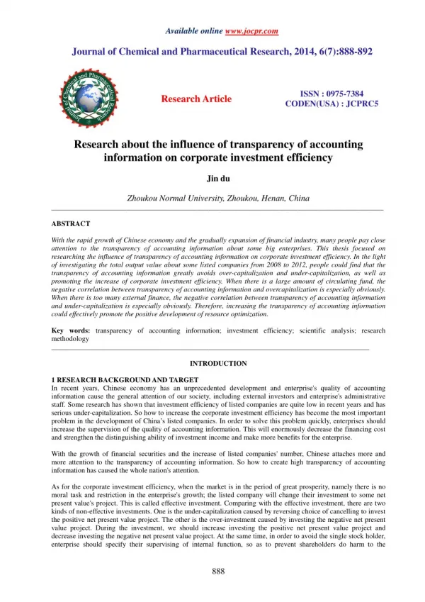 Research about the influence of transparency of accounting information on corporate investment efficiency