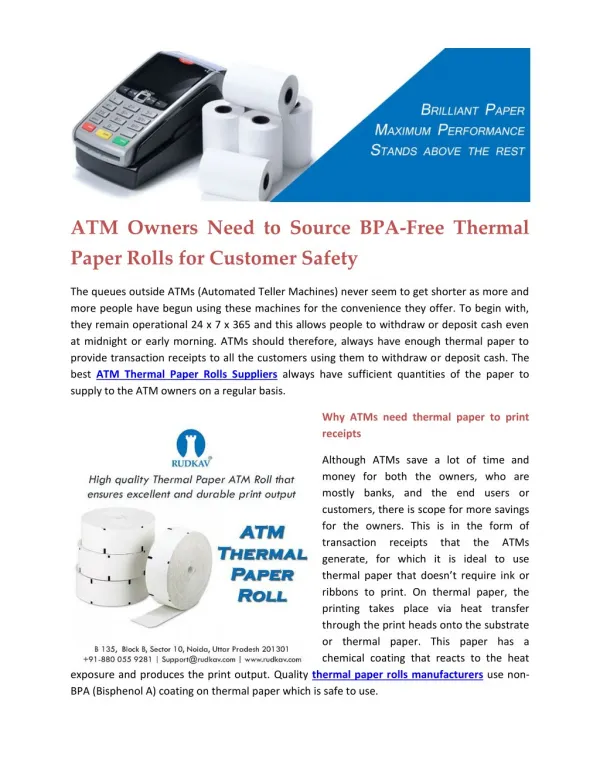 ATM Owners Need to Source BPA-Free Thermal Paper Rolls for Customer Safety