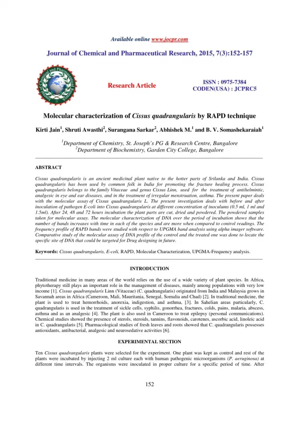 Molecular characterization of Cissus quadrangularis by RAPD technique