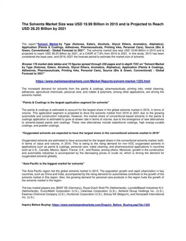 The Solvents Market Size was USD 19.99 Billion in 2015 and is Projected to Reach USD 28.25 Billion by 2021