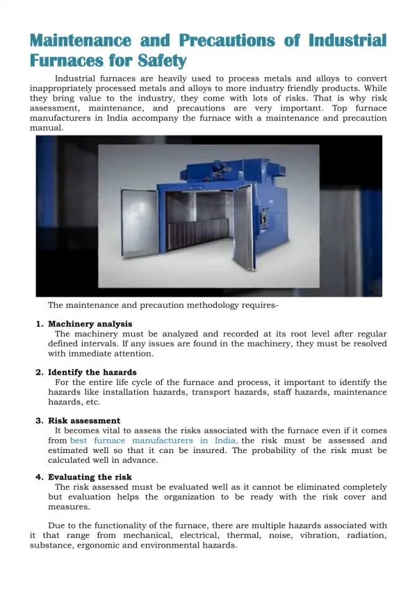 Maintenance and Precautions of Industrial Furnaces for Safety