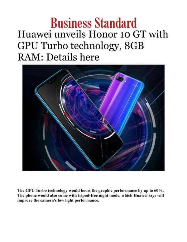 Huawei unveils Honor 10 GT with GPU Turbo technology, 8GB RAM: Details here 