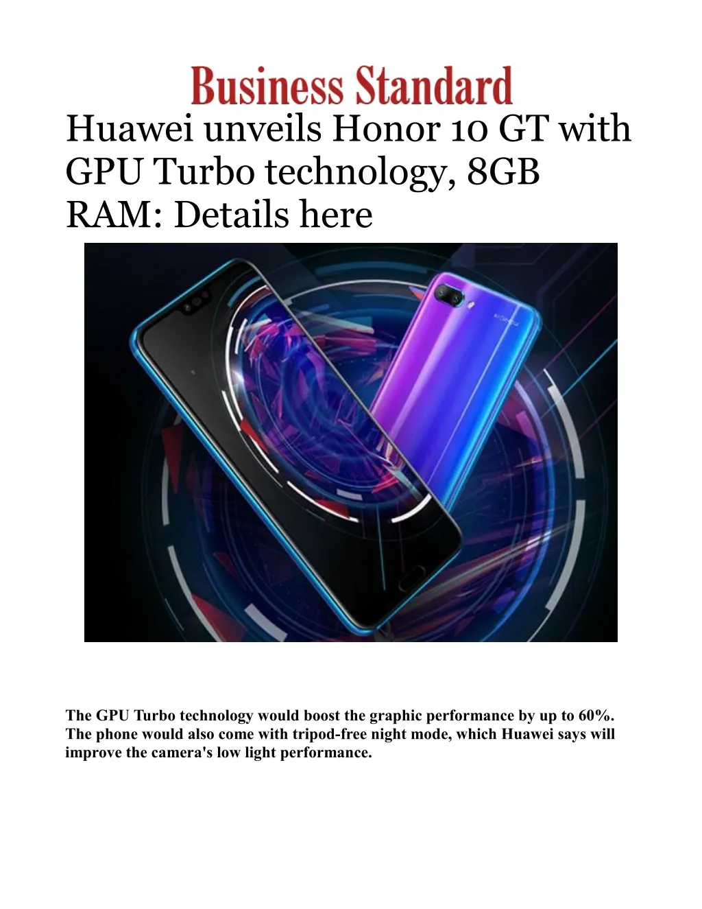 huawei unveils honor 10 gt with gpu turbo