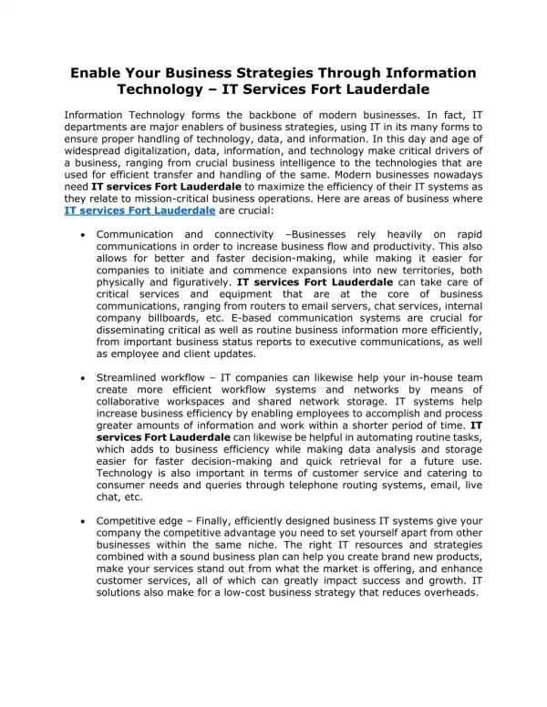 Enable Your Business Strategies Through Information Technology – IT Services Fort Lauderdale