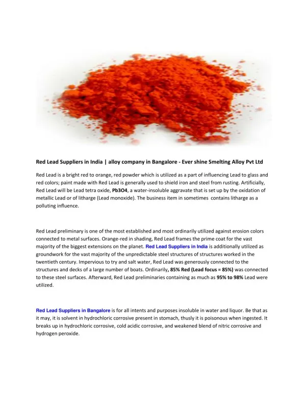 Red Lead Suppliers in India | alloy company in Bangalore - Ever shine Smelting Alloy Pvt Ltd