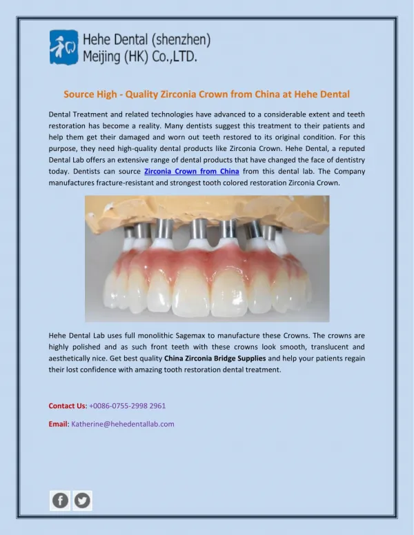 Source High - Quality Zirconia Crown from China at Hehe Dental
