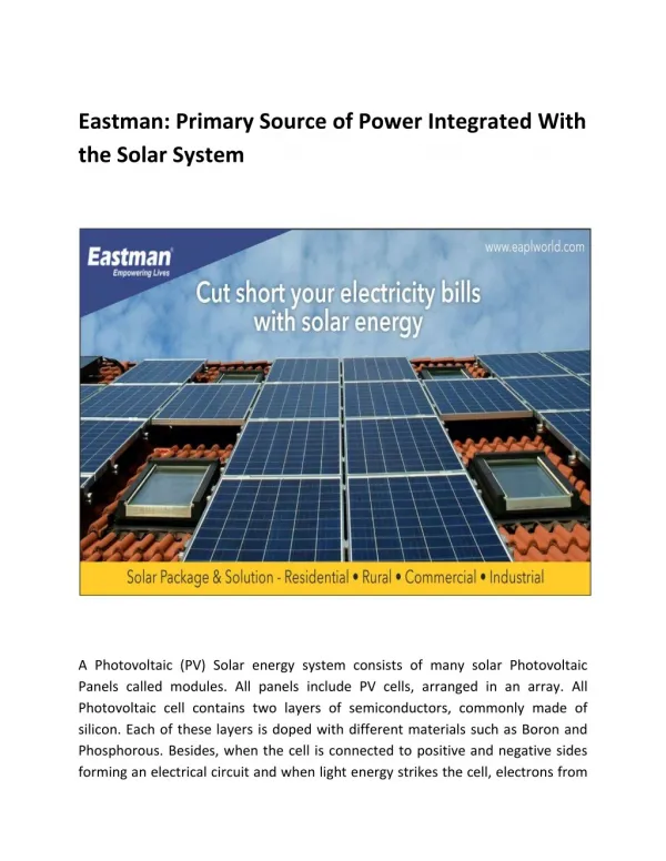 Eastman: Primary Source of Power Integrated With the Solar System