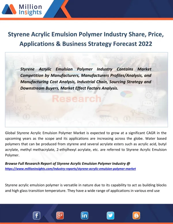 Styrene Acrylic Emulsion Polymer Market Trends, Analysis, Growth, Overview Outlook 2017-2022