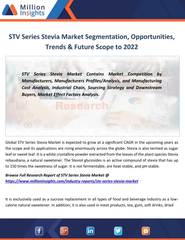 STV Series Stevia Industry Analysis, Size, Growth,Share Forecast to 2022