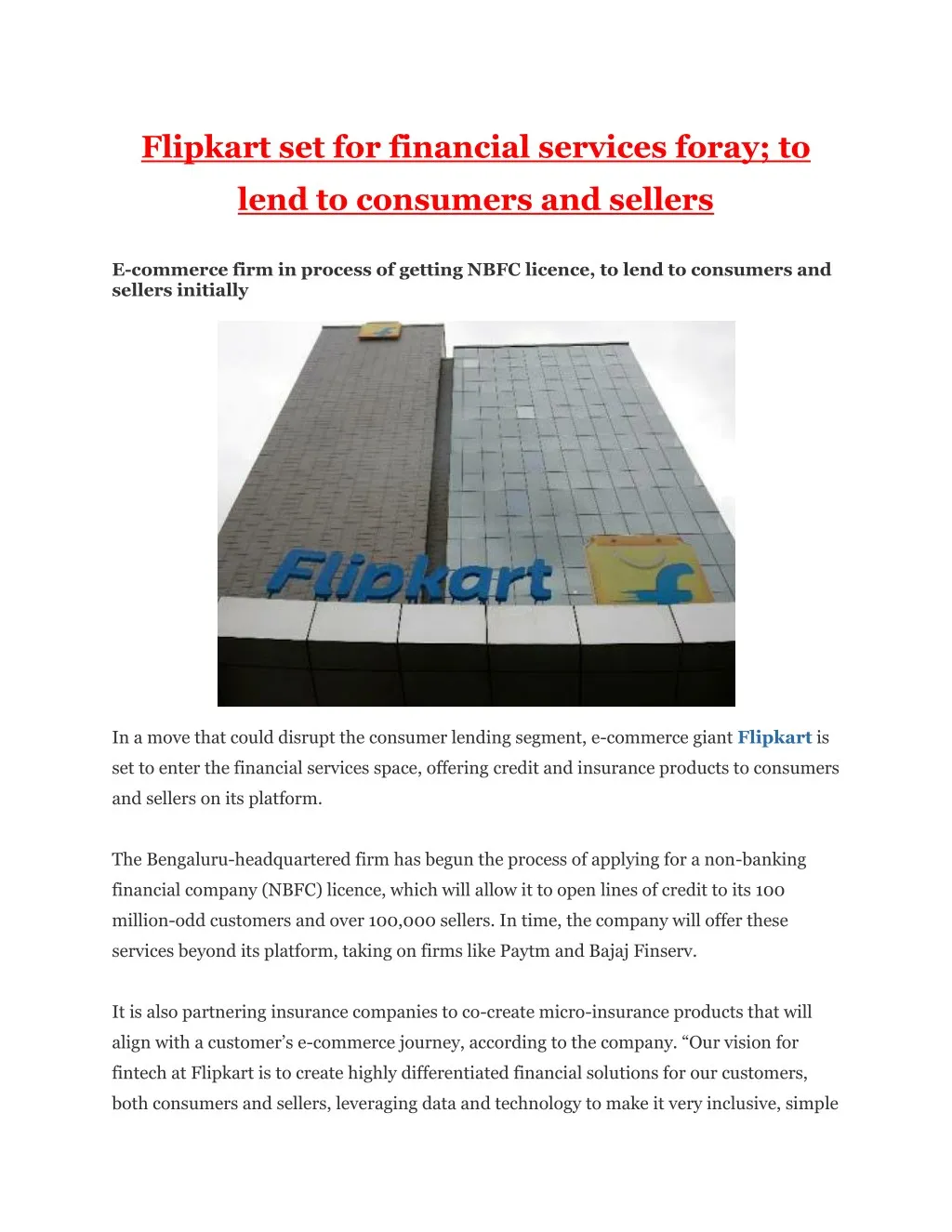 flipkart set for financial services foray to