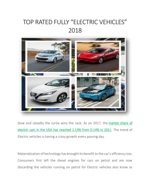 TOP RATED FULLY “ELECTRIC VEHICLES” 2018