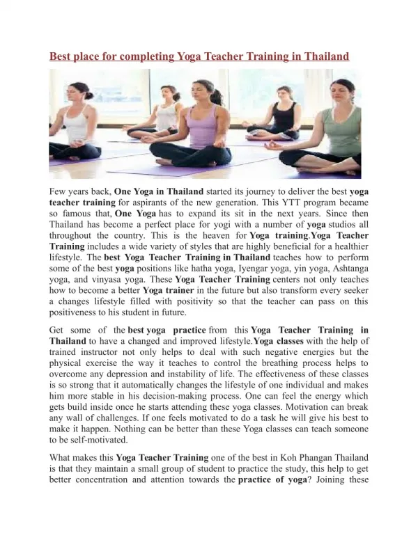 Best place for completing Yoga Teacher Training in Thailand