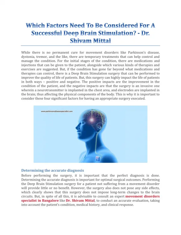 Which Factors Need To Be Considered For A Successful Deep Brain Stimulation? - Dr. Shivam Mittal