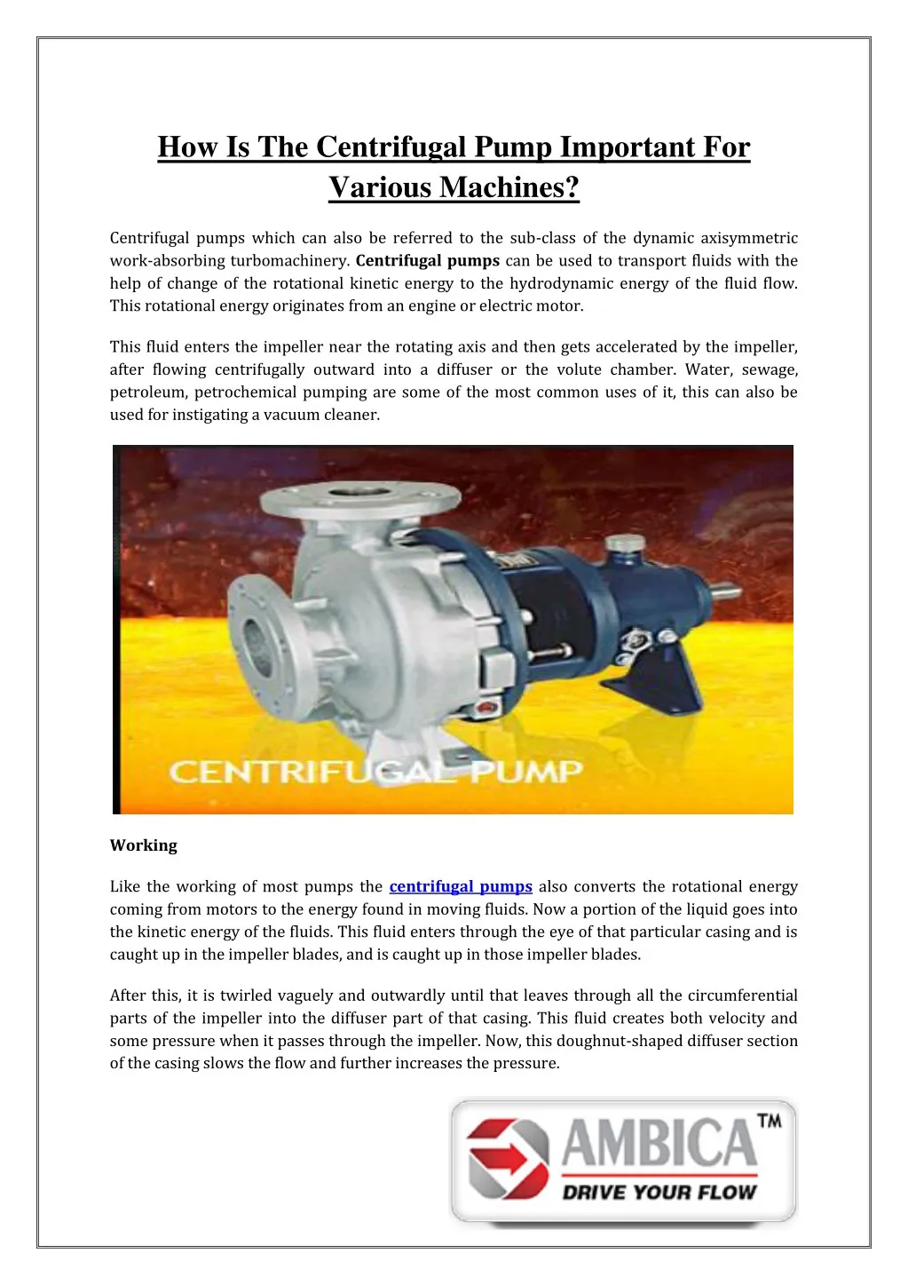 how is the centrifugal pump important for various