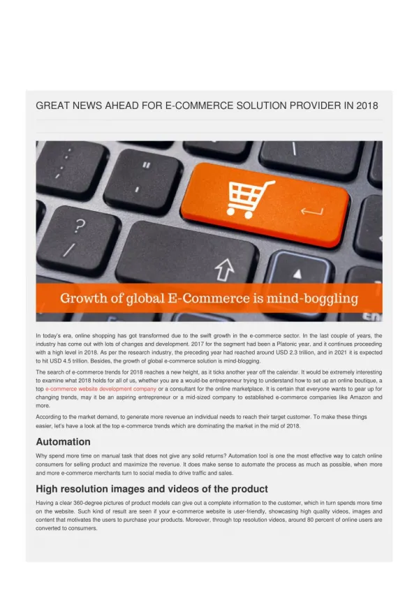 GREAT NEWS AHEAD FOR E-COMMERCE SOLUTION PROVIDER IN 2018