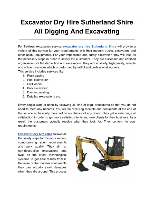 Excavator dry hire Sutherland Shire all digging and excavating
