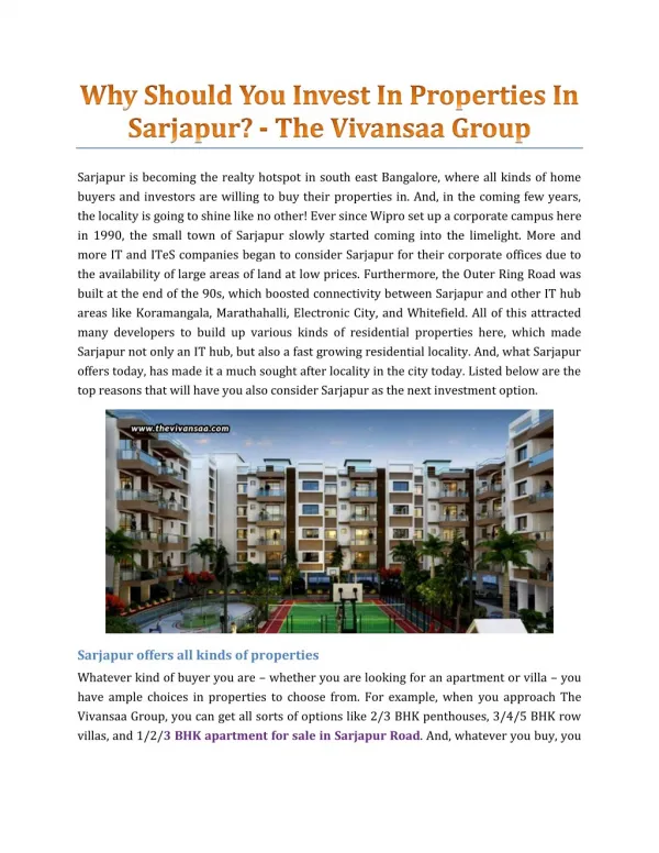 Why Should You Invest In Properties In Sarjapur? - The Vivansaa Group