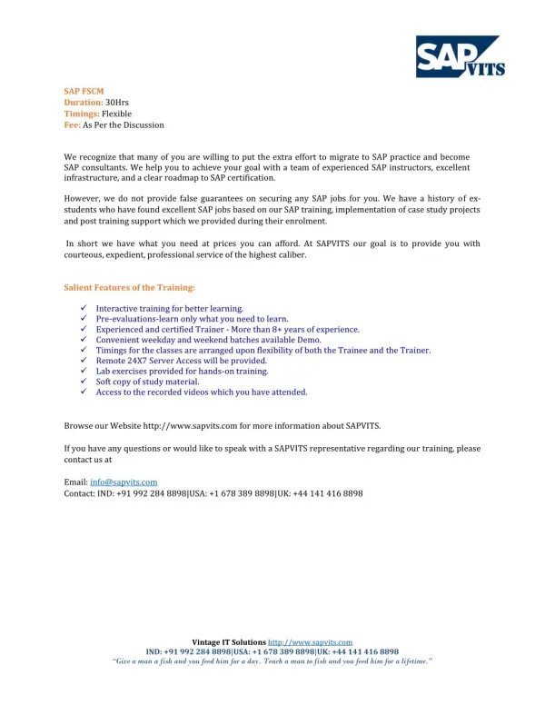 sap fscm duration 30hrs timings flexible