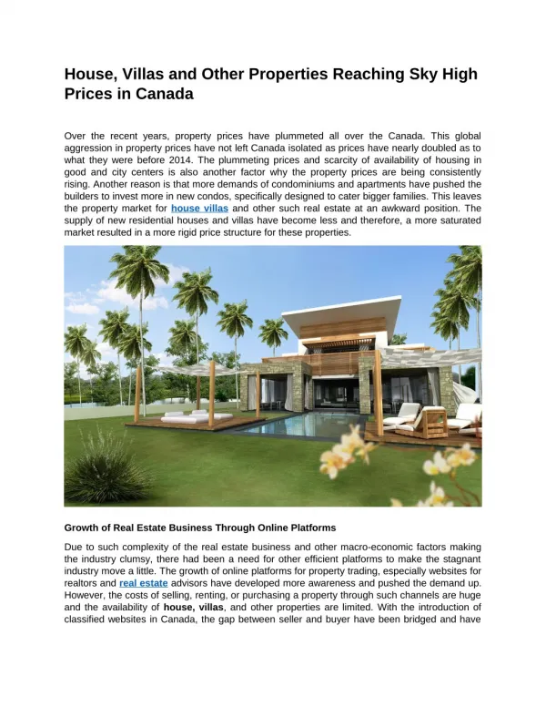 House, Villas and Other Properties Reaching Sky High Prices in Canada
