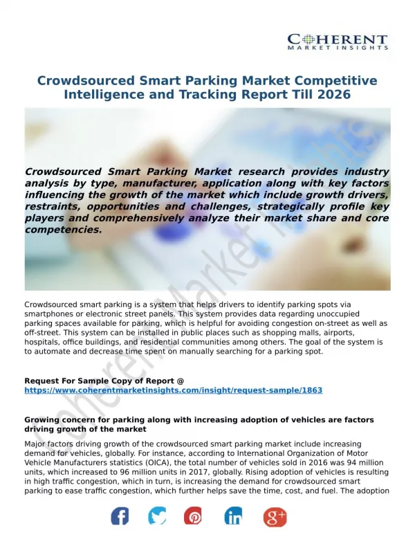 Crowdsourced Smart Parking Market, Growth and Forecast up, 2018-2026 by Coherent Market Insights