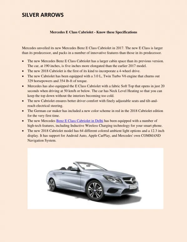 Mercedes E Class Cabriolet - Know these Specifications