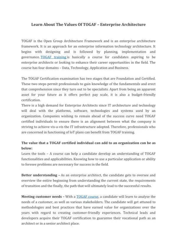 Learn About The Values Of TOGAF – Enterprise Architecture