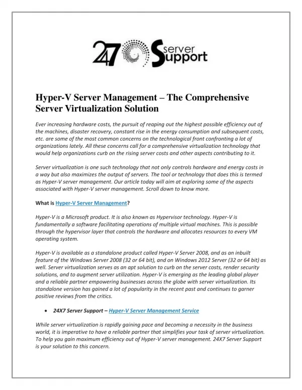 Hyper-V Server Management â€“ The Comprehensive Server Virtualization Solution