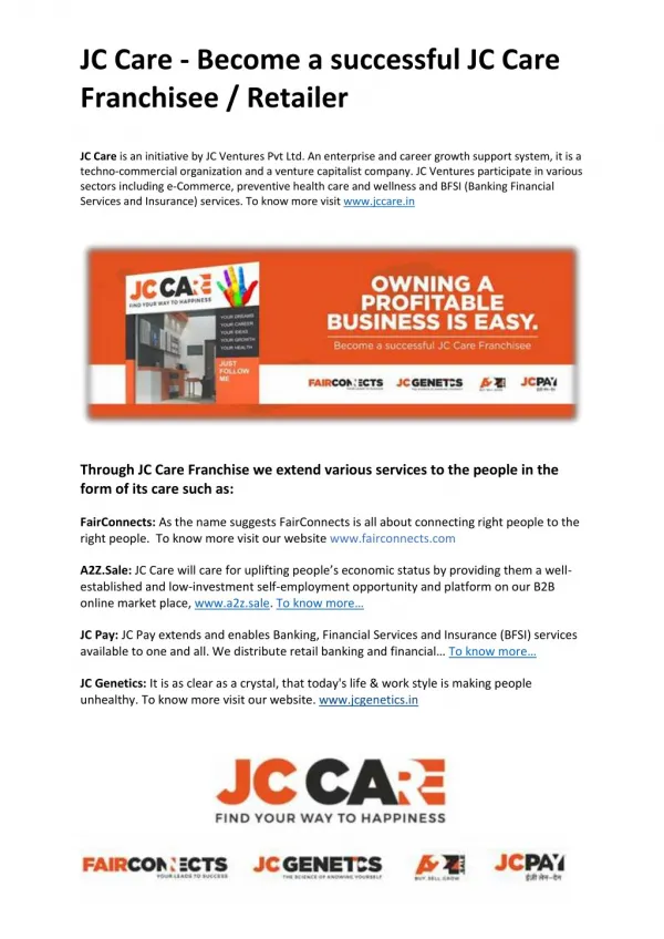 JC Care - Become a successful JC Care Franchisee / Retailer