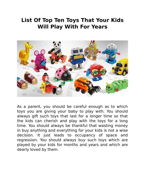 List Of Top Ten Toys That Your Kids Will Play With For Years