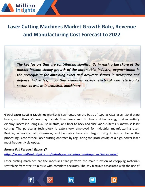 Laser Cutting Machines Market Growth Rate, Revenue and Manufacturing Cost Forecast to 2022