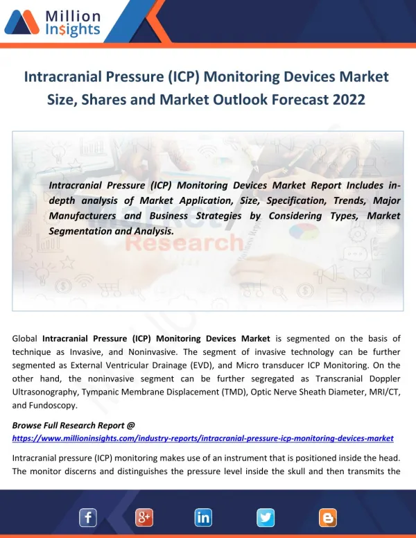 Intracranial Pressure (ICP) Monitoring Devices Market Size, Shares and Market Outlook Forecast 2022