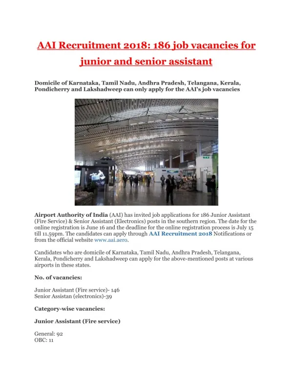 AAI Recruitment 2018 - 186 Job Vacancies for Junior and Senior Assistant