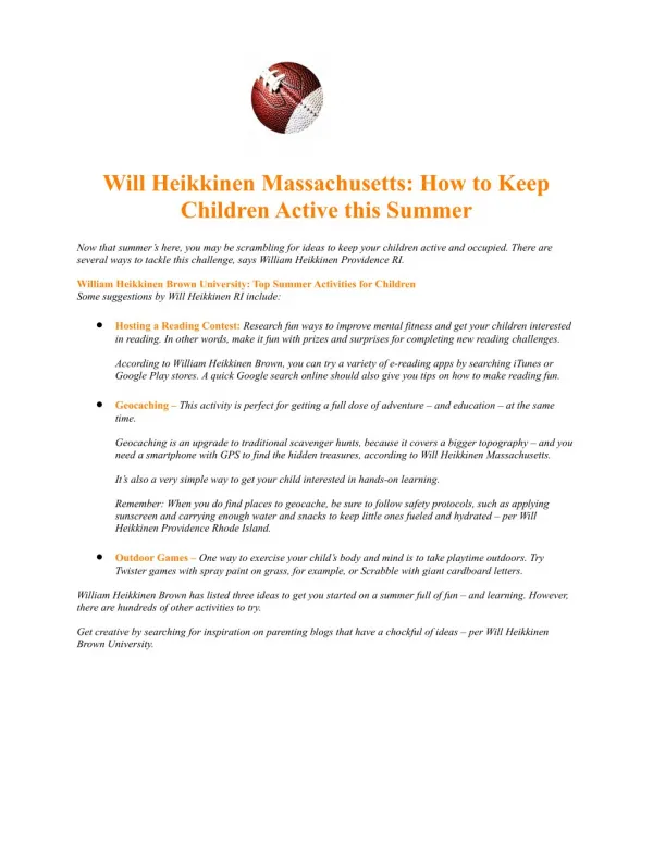Will Heikkinen Massachusetts: How to Keep Children Active this Summer