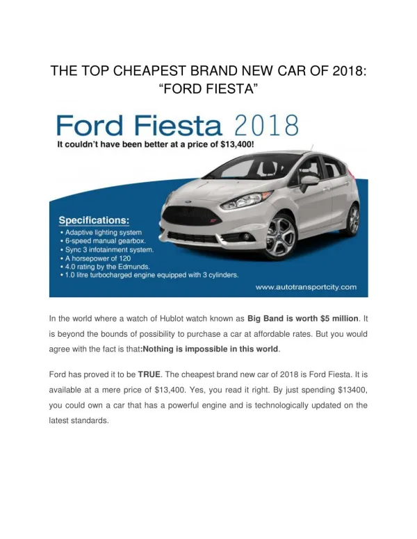 THE TOP CHEAPEST BRAND NEW CAR OF 2018: â€œFORD FIESTAâ€