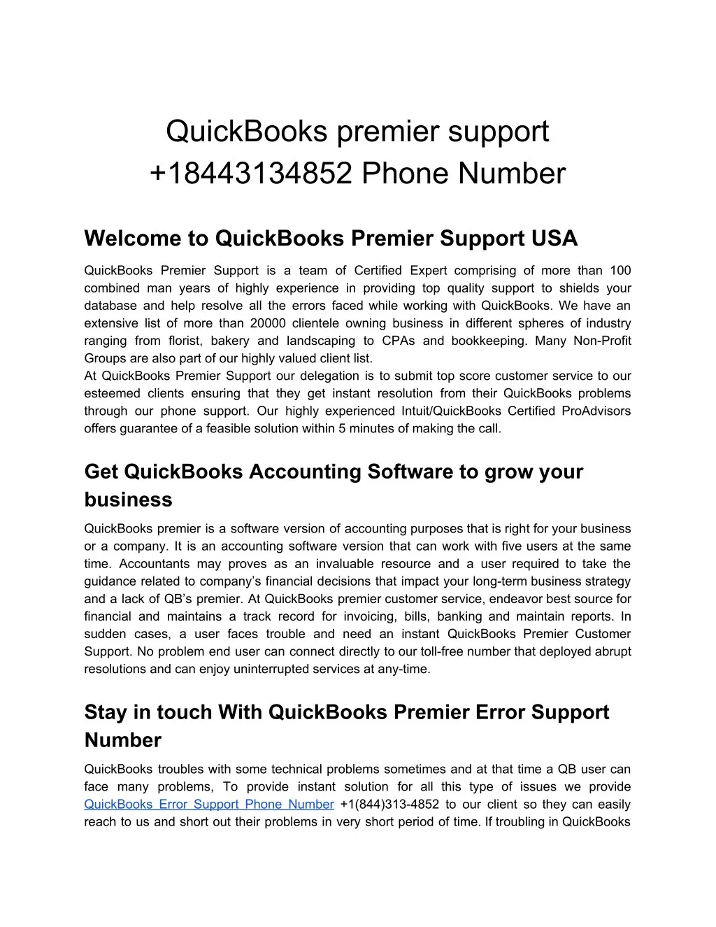quickbooks premier support 18443134852 phone