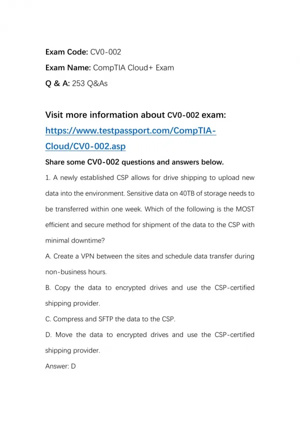 Latest Testpassport CompTIA Cloud CV0-002 Real Exam Questions
