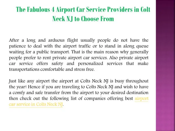 The Fabulous 4 Airport Car Service Providers in Colt Neck NJ to Choose From