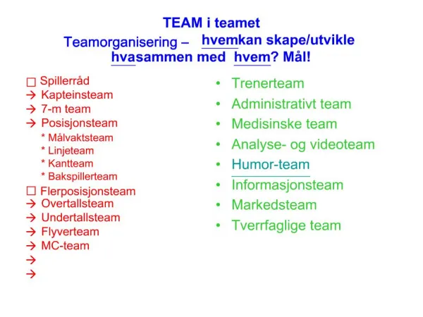 TEAM i teamet Teamorganisering hvem kan skape