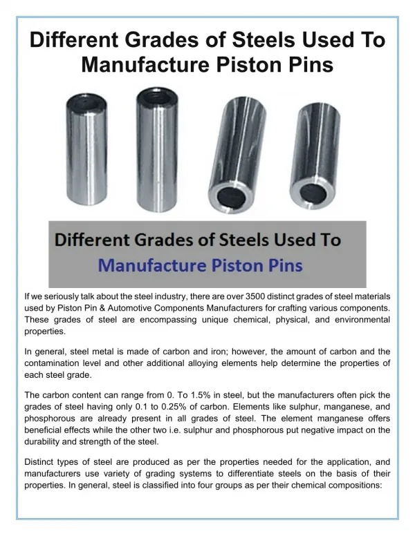 Different Grades of Steels Used To Manufacture Piston Pins