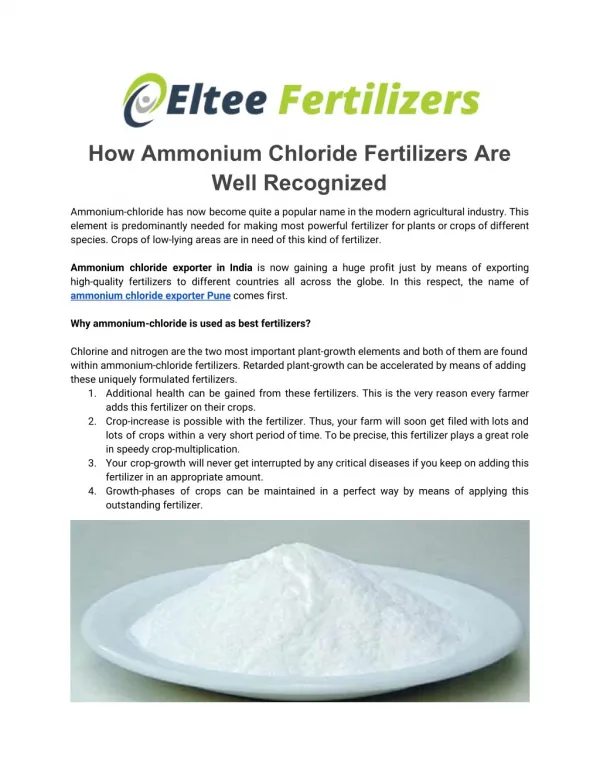 How Ammonium Chloride Fertilizers Are Well Recognized