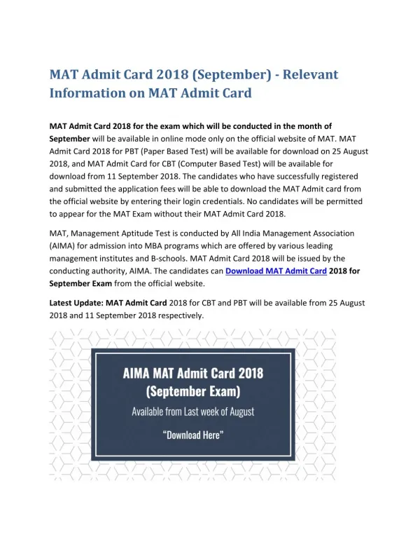 MAT Admit Card 2018 (September) - Relevant Information on MAT Admit Card